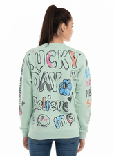 MNS WOMEN Doodle Graphic Sweatshirt Pistachio Multicolor Print - Smgarment's